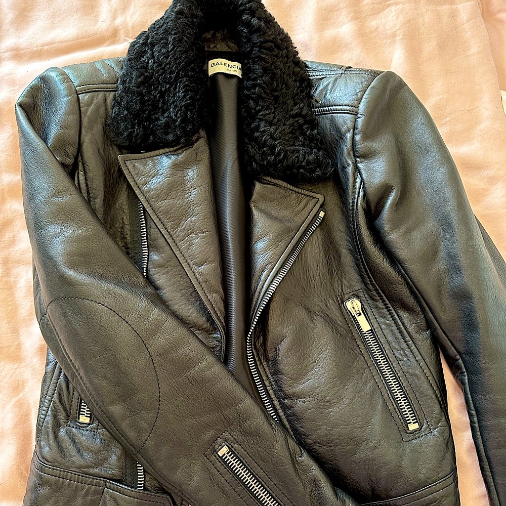 Balenciaga Black Leather Jacket with Black Collar
